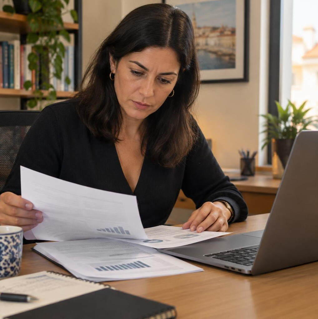 Journalist reviewing printed documents at a desk