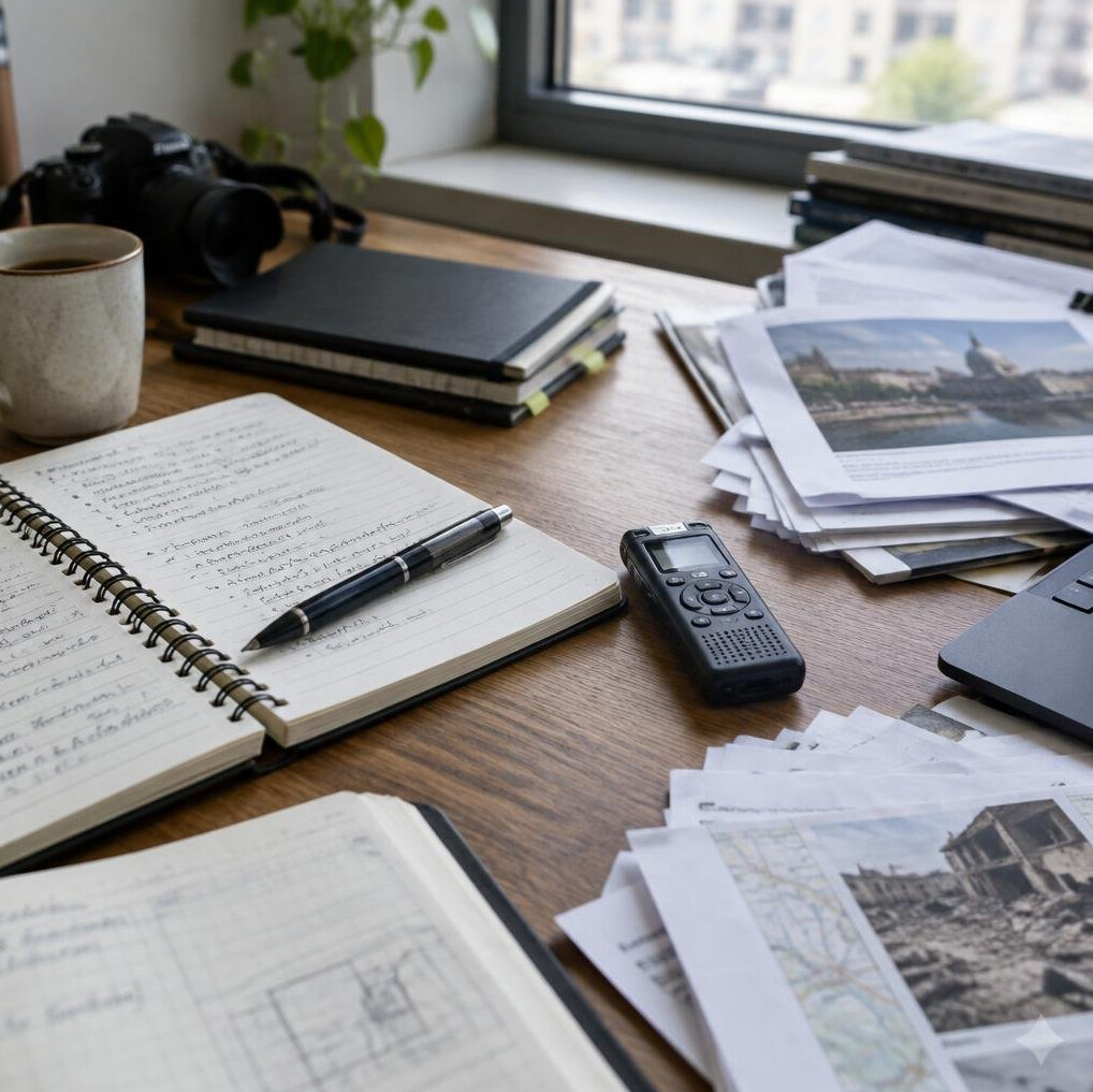 Journalist's desk with notebooks and a recorder